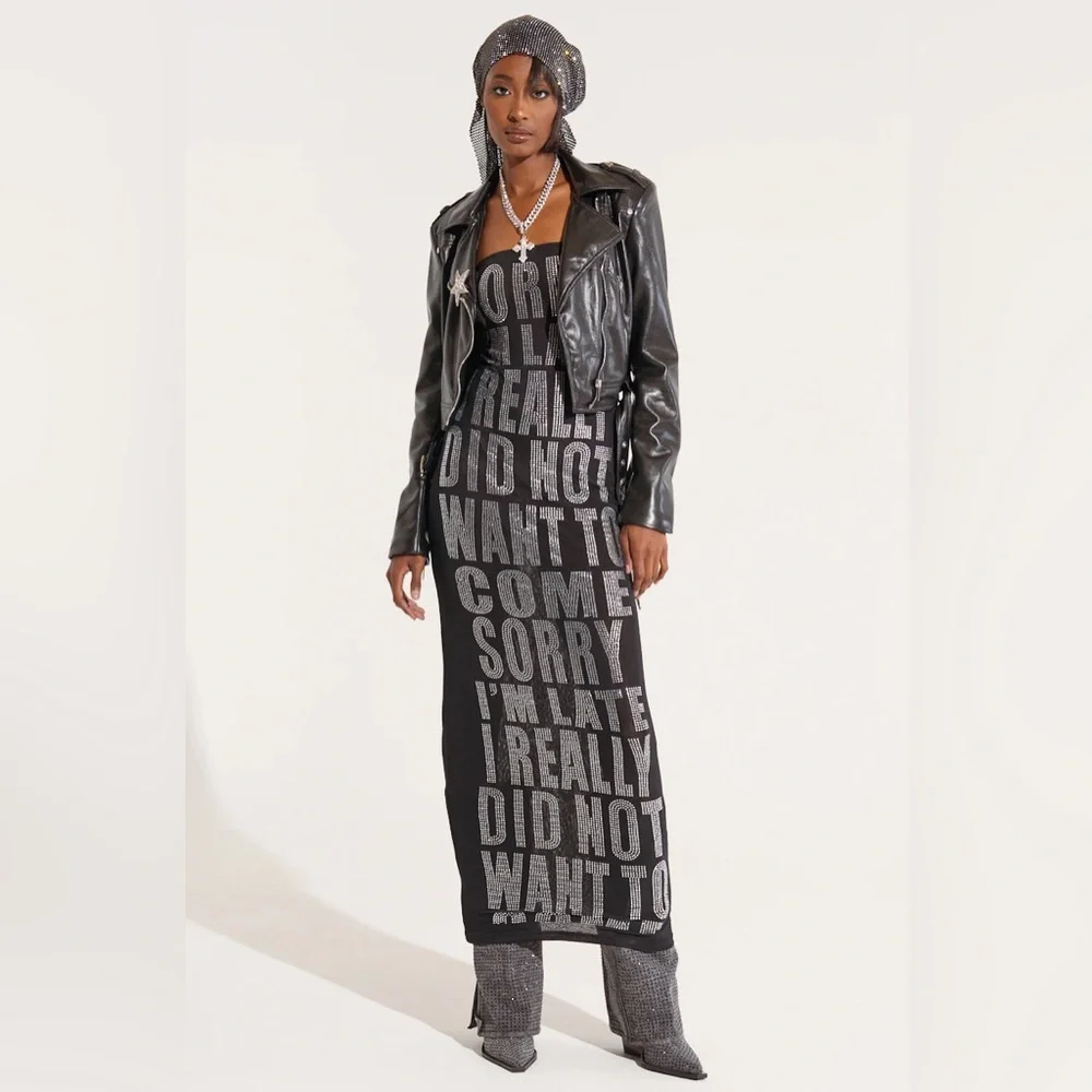 NWT. AKIRA I'm Late Rhinestone Graphic Midi Dress. - Picture 5 of 9